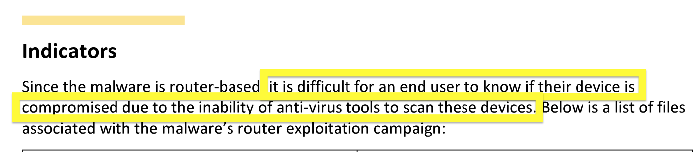 FBI Statement: It is difficult for an end user to know if their device is compromised due to the inability of anti-virus tools to scan these devices